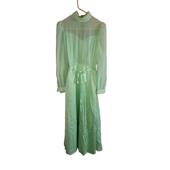 VTG 50s Ladies Green Chiffon & Lace Pleated Dress Long Sleeve Belt Handmade - Picture 1 of 11